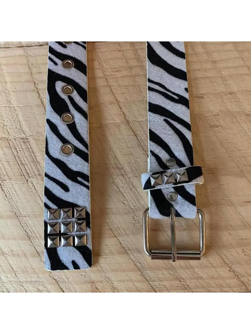 Y2K Cyber 2000s Style Zebra White Fur Studded Silver Belt
